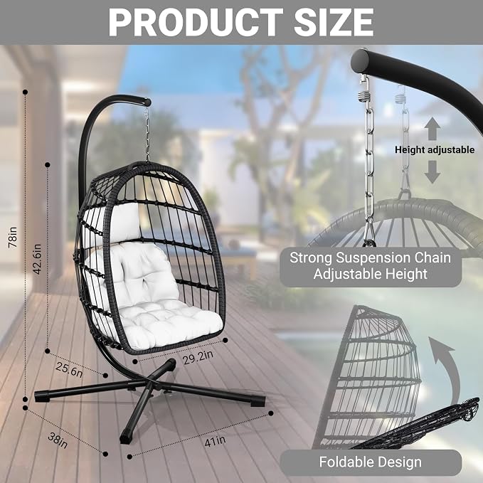 CHABATREE Egg Chair with Stand, Patio Rattan Wicker Hanging Swing Egg Chair - Image 4