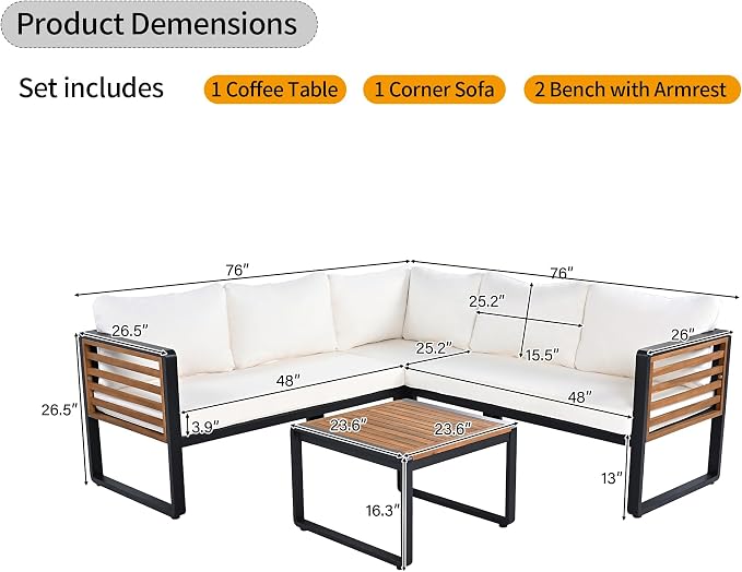 4 Pieces Outdoor Patio Conservation Set, Metal and Wood Frame Sectional - Image 5