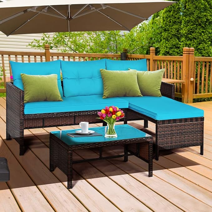 Tangkula Patio Corner Sofa Set 3 Piece, Outdoor Rattan Sofa Set, Includes - Image 2