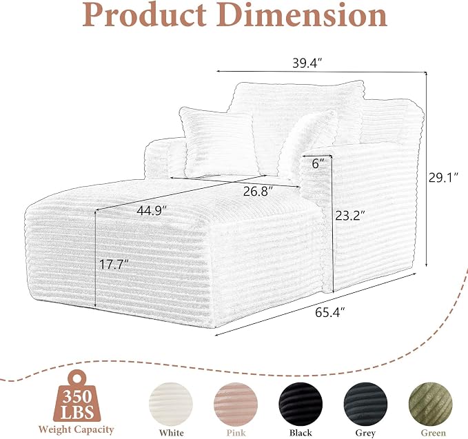 65.4" Chaise Lounge Chair Indoor, Oversized Boneless Couch Comfy Upholstered - Image 2