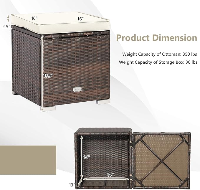 Tangkula 2 Pieces Patio Ottomans, Patiojoy Hand-Woven PE Rattan Side Table - Image 9