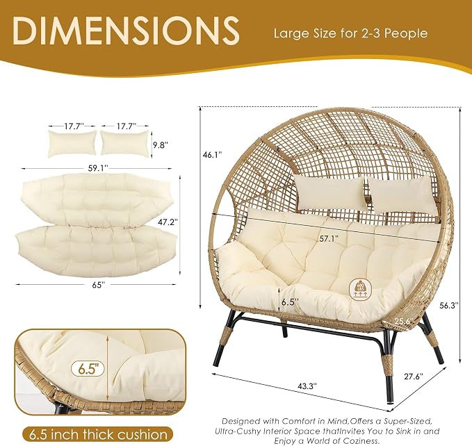 NICESOUL® Double Egg Chair Indoor Outdoor Stationary Oversized Thicken Padded - Image 3