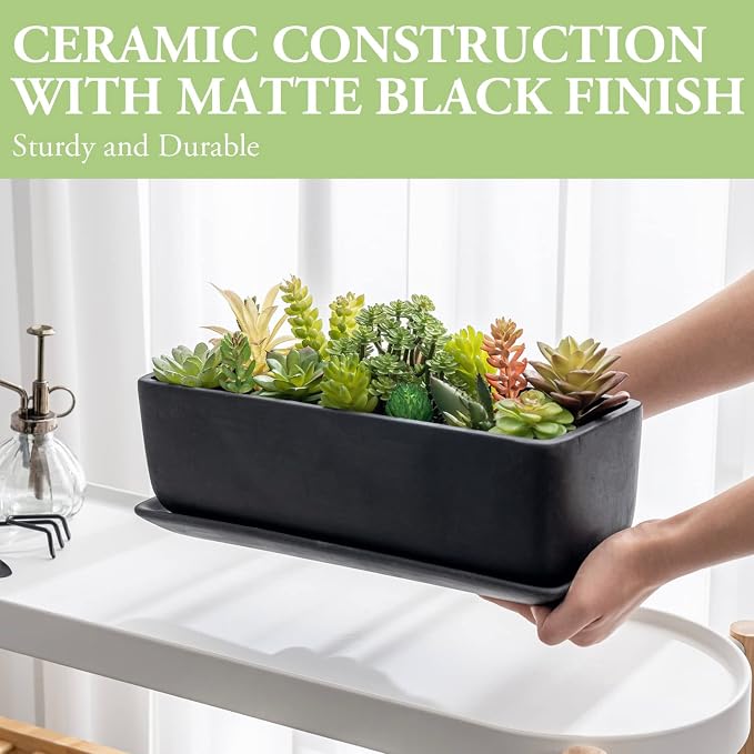 MyGift 14 Inch Ceramic Indoor Plant Pot, Rectangular Succulent Planter - Image 3