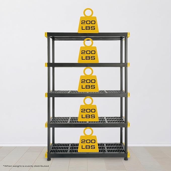 CX Black & Yellow, 5-Tier Heavy Duty Plastic Storage Shelves that Support up to - Image 4