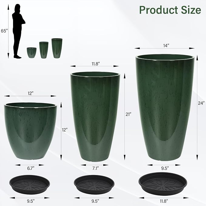 24/21/12 Inch Large Plastic Planter, Lightweight Ceramic-Look Tall Planters - Image 3
