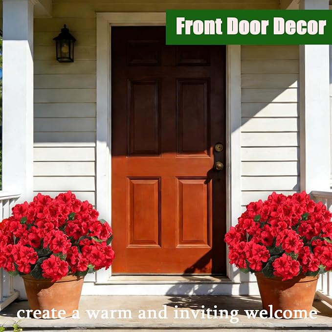 Artificial Flowers for Outdoors, 6 Bundles Realistic Silk Fake Red Geraniums - Image 2