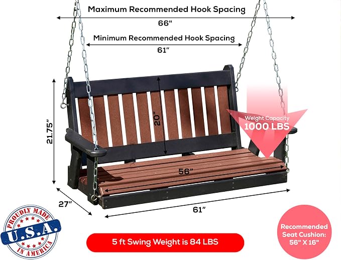 Mission Poly Lumber Wood 5FT Porch Swing Amish Craftsmandship Made in USA HDPE - Image 2