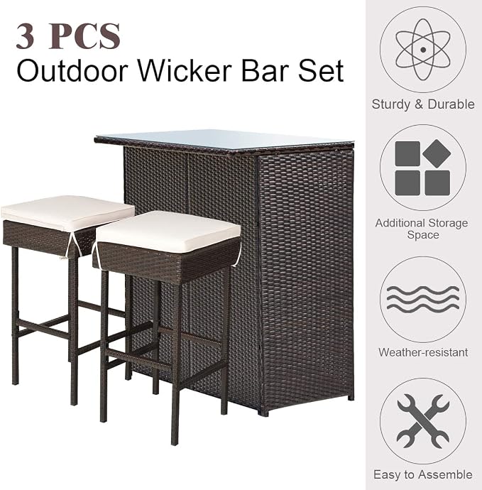 Tangkula Patio Bar Set, 3 Piece Outdoor Rattan Wicker Bar Set - Image 5
