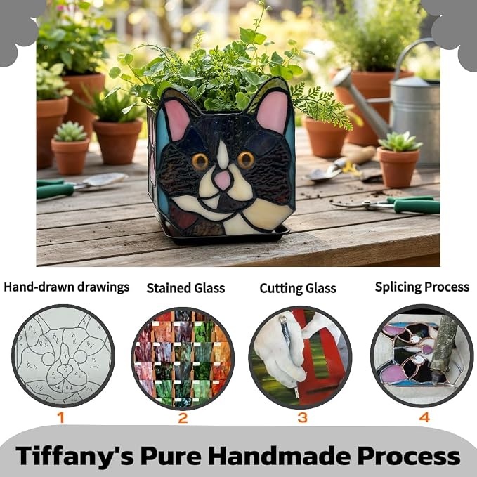 Handmade Stained Glass Black Cat Planter, Decorative Succulent Pot - Image 2