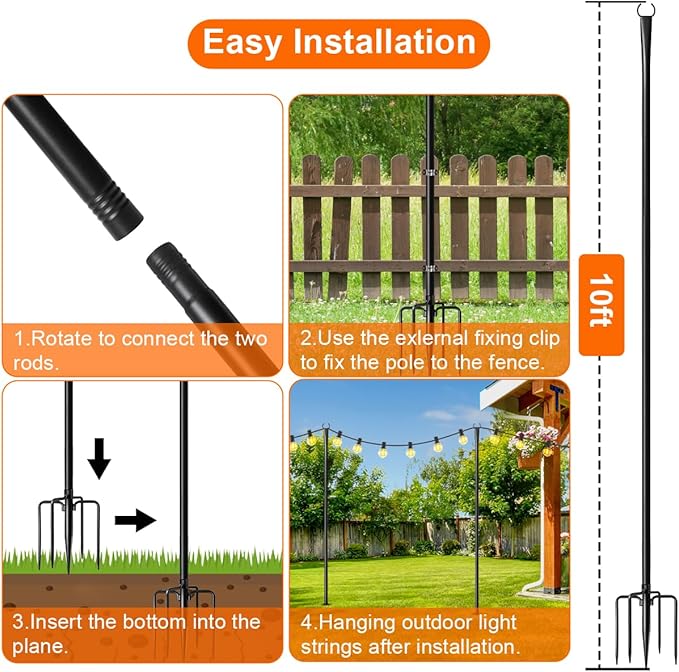 6 Pack 9FT String Light Poles for Outdoor, Metal Lights Hanging Pole Outside - Image 7
