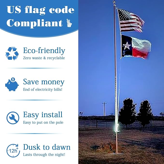 Solar Flag Pole Light 3 Super-Spotlights LEDs, Adjustable Metal Clamps Fits - Image 2