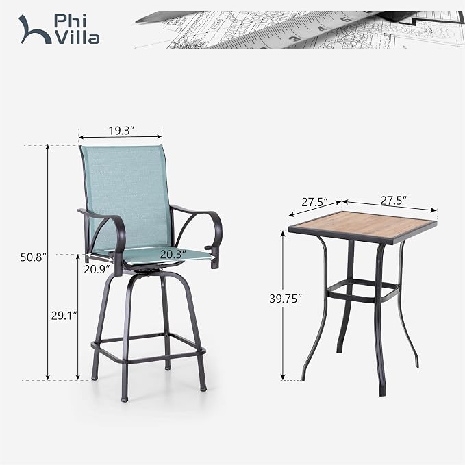 PHI VILLA Outdoor Patio Swivel Bar Set of 3, Jacquard Lake Blue Textilene - Image 9