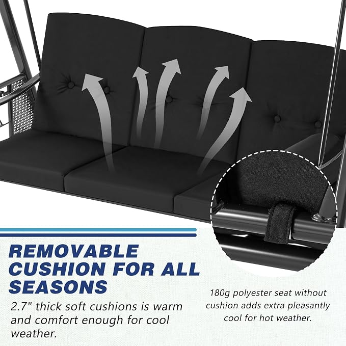 U-MAX 3-Seat Porch Swing Chair Steel Frame, Patio Swing Chair - Image 2