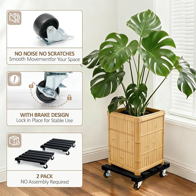 2 Pack Plant Stand with Wheels, Plant Caddies with 360° Lockable Smooth Sliding - Image 3