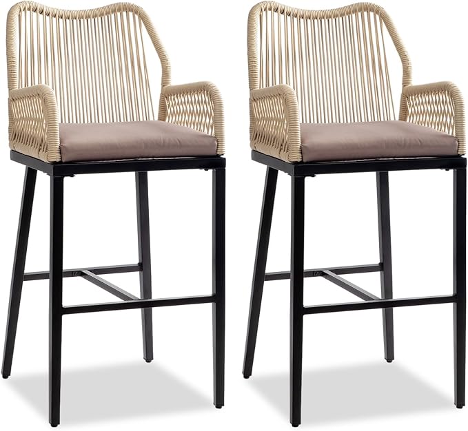 VINGLI Outdoor Bar Stools Set of 2, Heavy-Duty Outdoor Barstools Boho Woven by VINGLI