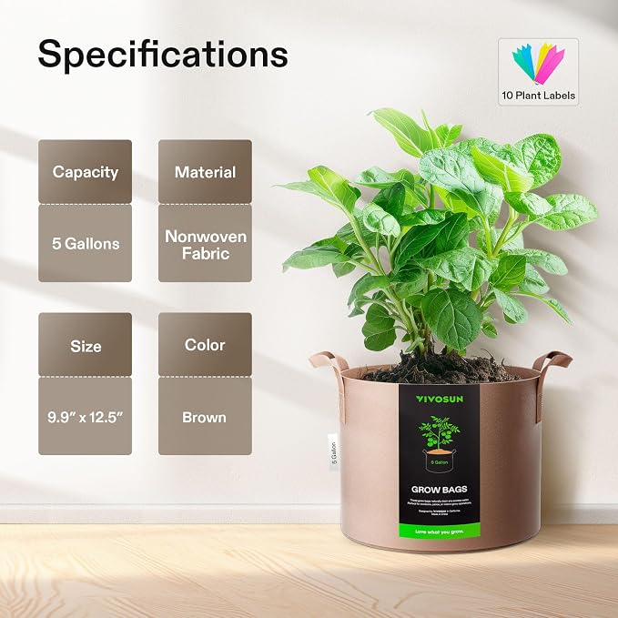 VIVOSUN 5-Pack 5 Gallons Grow Bags Heavy Duty Thickened Nonwoven Fabric Pots - Image 2