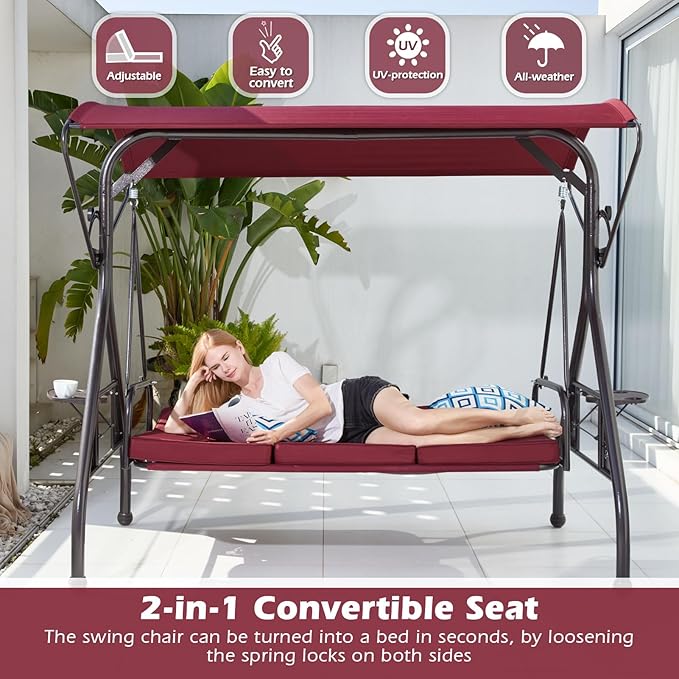 800LBS Patio Swing with Canopy 3 Seat Outdoor Porch Swing with Stand w/Cup - Image 2