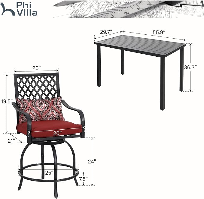 PHI VILLA 5 Piece Patio Bar Height Dining Set, 4 Outdoor Counter Height Swivel - Image 8