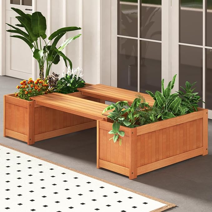 Giantex Set of 2 Outdoor Bench, Wood Raised Garden Bed w/Open Base, - Image 2