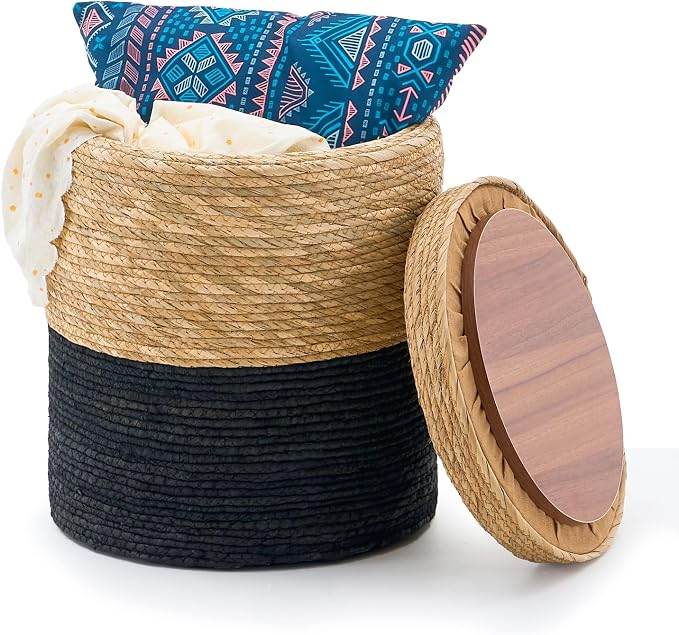 Wimarsbon Round Pouf Ottomans, Handwoven Natural Water Hyacinth Seagrass Pouffe by Wimarsbon