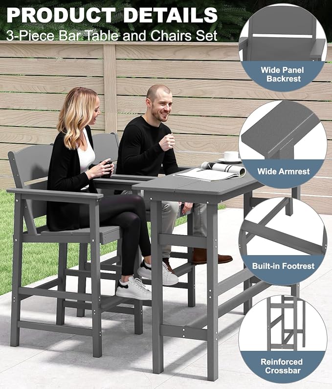 Bar Height Patio Table and Chairs Set, 3-Piece HDPE Outdoor Adirondack Bar - Image 4