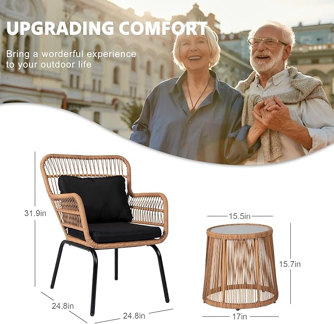3 Piece Outdoor Wicker Furniture Bistro Set, Rattan Chairs Conversation Sets - Image 6