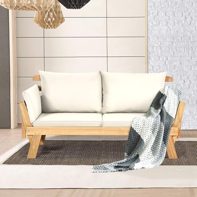 Tangkula Convertible Acacia Wood Patio Couch Sofa Bed - Image 5