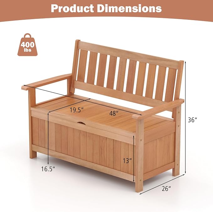 Tangkula 48 Inch Outdoor Wood Storage Bench Deck Box, Wooden Storage Loveseat - Image 3