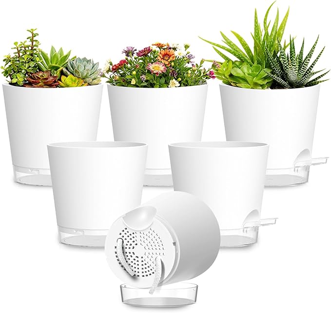 Plant Pots 6 Inch Self Watering Pots, 6 Pack Plastic Planters by SQKH