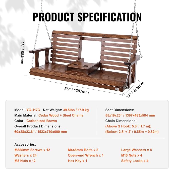 VEVOR Wooden Porch Swing 5 ft, Patio Bench Swing - Image 7