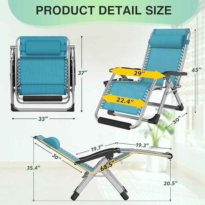 Suteck Oversized Zero Gravity Chair, 29In XL Outdoor Recliner Chair w/Removable - Image 2