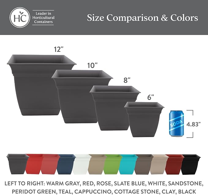 The HC Companies 8 Inch Eclipse Square Planter Pots w/Drainage Holes & Attached - Image 6