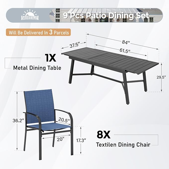 9 Piece Patio Dining Set for 8, Rectangular Extendable Dining Table, 8 Metal - Image 3