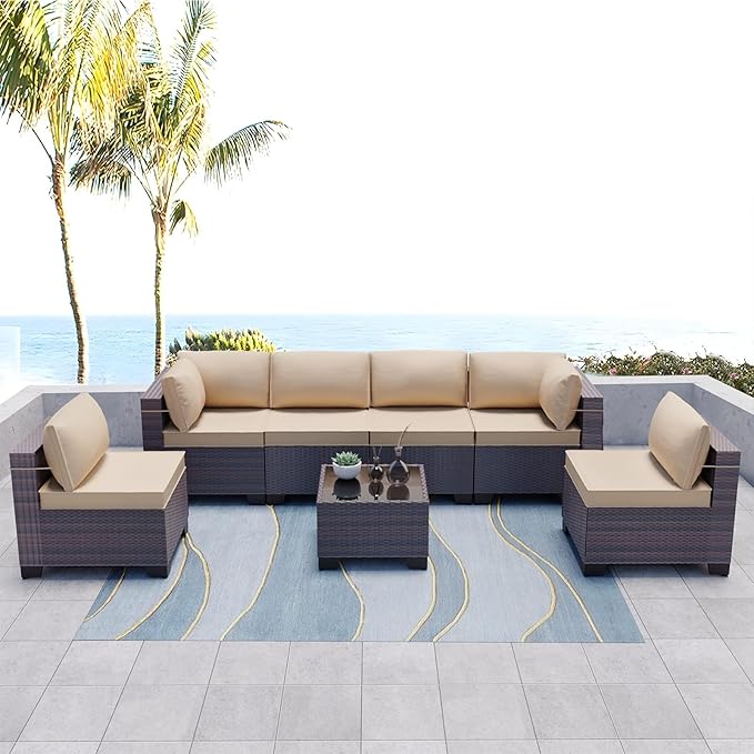 Kullavik 7 Pieces Outdoor Patio Furniture Set PE Wicker Rattan Sectional Sofa - Image 8