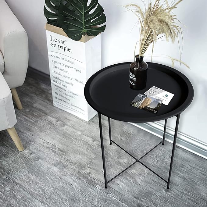 Garden 4 you End Table 2 PCS Metal Side Table Black Round Folding Tray Cyan - Image 10