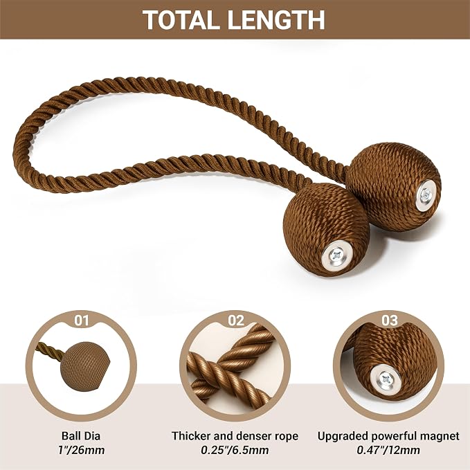 Hion Magnetic Curtain Tiebacks Dark Brown 4 Pack, Curtain Tiebacks Buckles - Image 2