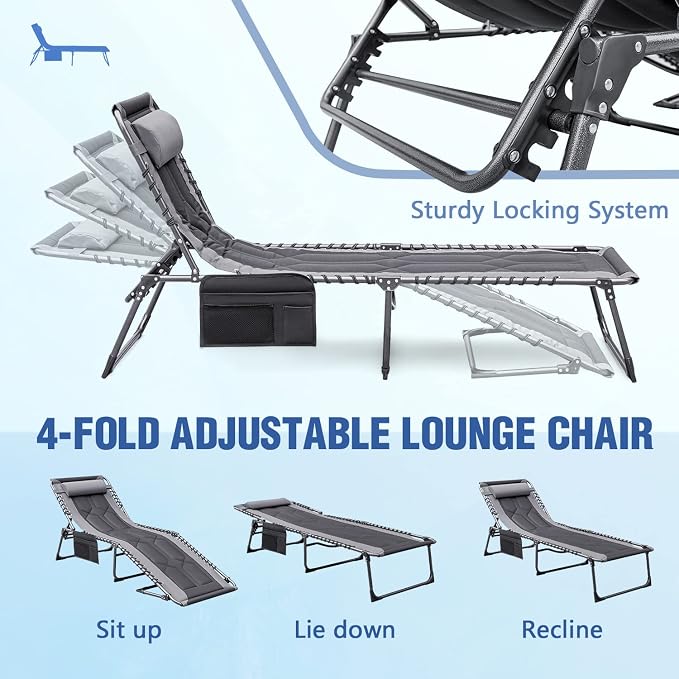 Devoko 4-Fold Padded Portable Folding Outdoor Chaise Lounge Heavy Duty - Image 4