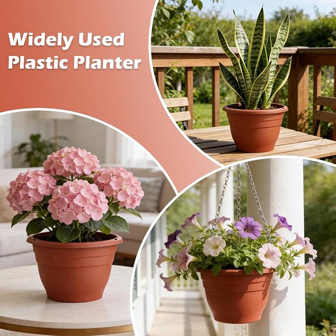 3 Pack 11 Inch Plant Pots with Drainage, Terracotta Plastic Planters - Image 3