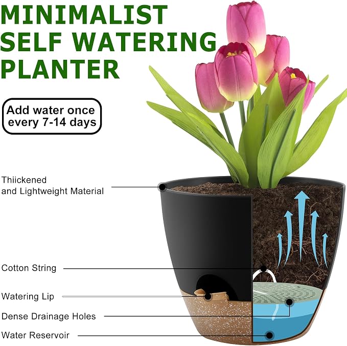 Plant Pots 10/9/8/7.5/7 Inch Self Watering Pots, Plastic Flower Pots, Nursery - Image 4