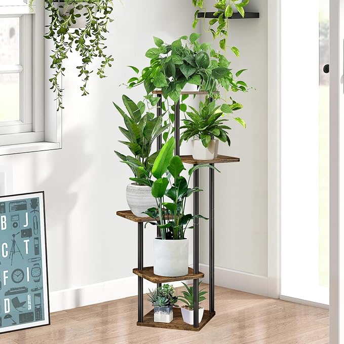 5 Tier Plant Stand Indoor, Thickened Metal Wood Corner Plant Shelf Stands - Image 8