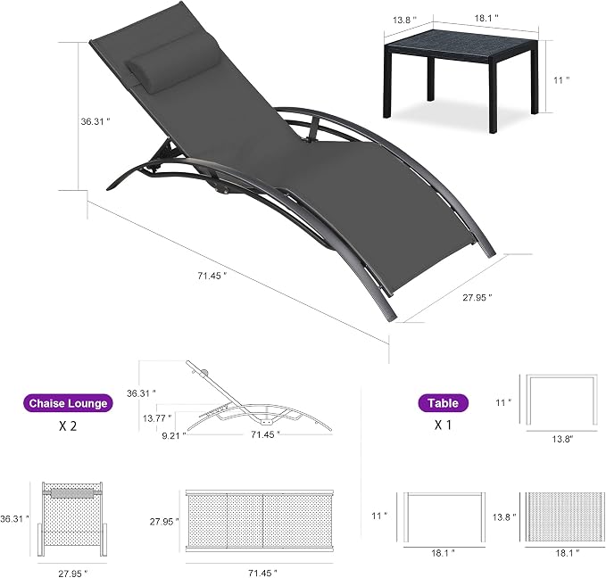 PURPLE LEAF Patio Oversized Chaise Lounge Chair Set - Image 6
