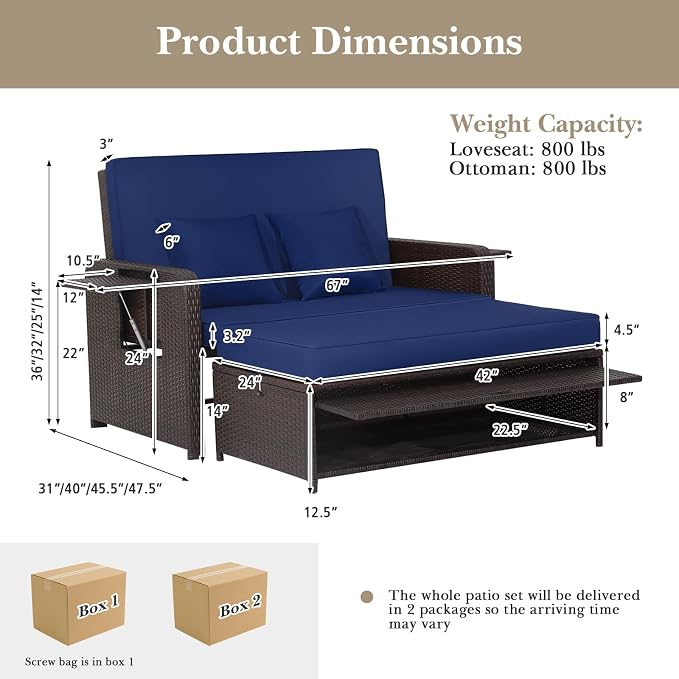 LDAILY Moccha Outdoor Daybed, Wicker Loveseat Sofa Set - Image 9