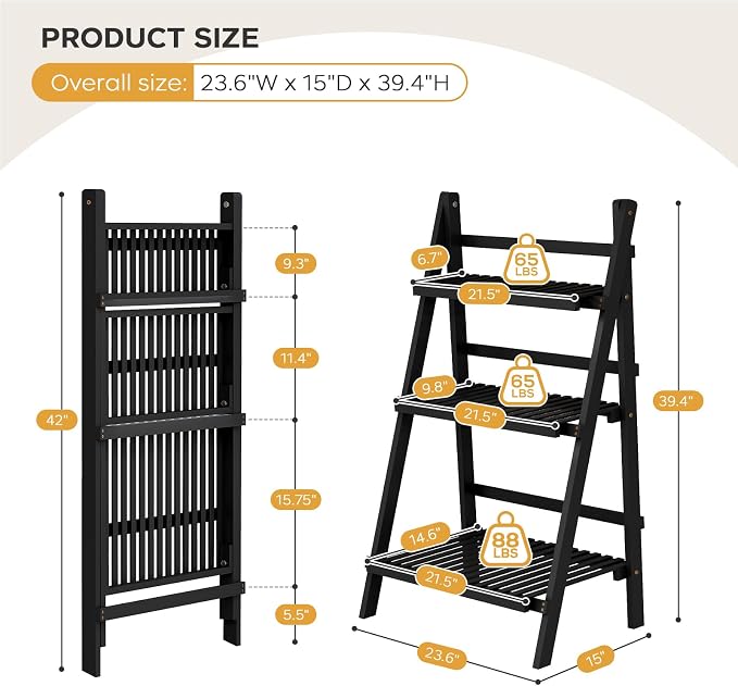 39.4" Foldable Plant Shelf Ladder Shelf, 3 Tier Bamboo Ladder Flower Pot - Image 2