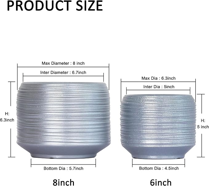 8 Inch + 6 Inch Ceramic Plant Pots Indoor - Image 3
