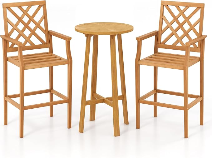 Tangkula 3 Piece Patio Bar Set, Teak Wood Bistro Furniture by TANGKULA