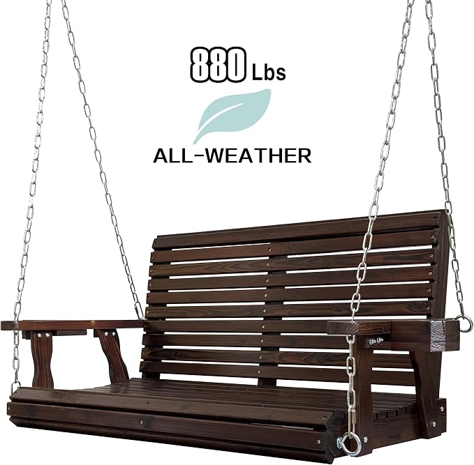 Wooden Porch Swing 2-Seater, High Backrest and Deep Seat, Bench Swing - Image 4