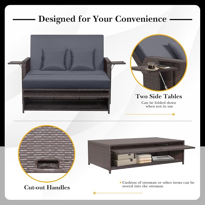 LDAILY Moccha Outdoor Daybed, Wicker Loveseat Sofa Set - Image 8
