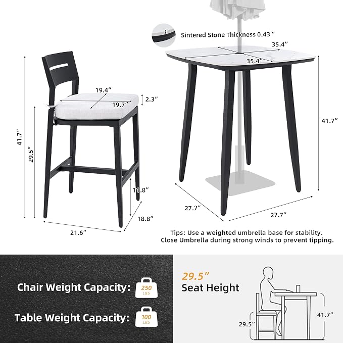 Modern 5PCS Outdoor Patio Bar Set, Rounded Square 35.4'' Sintered Stone Table & - Image 2