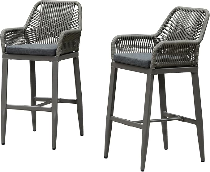 PURPLE LEAF Outdoor Wicker 29" Bar Stools Set of 2, Boho Patio Bar Height Chair by PURPLELEAF