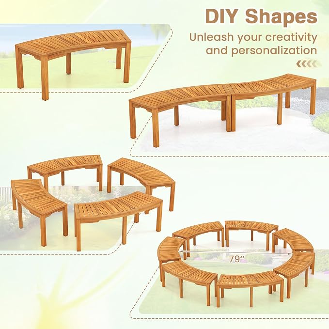 Tangkula Outdoor Curved Bench, Acacia Wood Fire Pit Bench w/Slatted Seat - Image 6